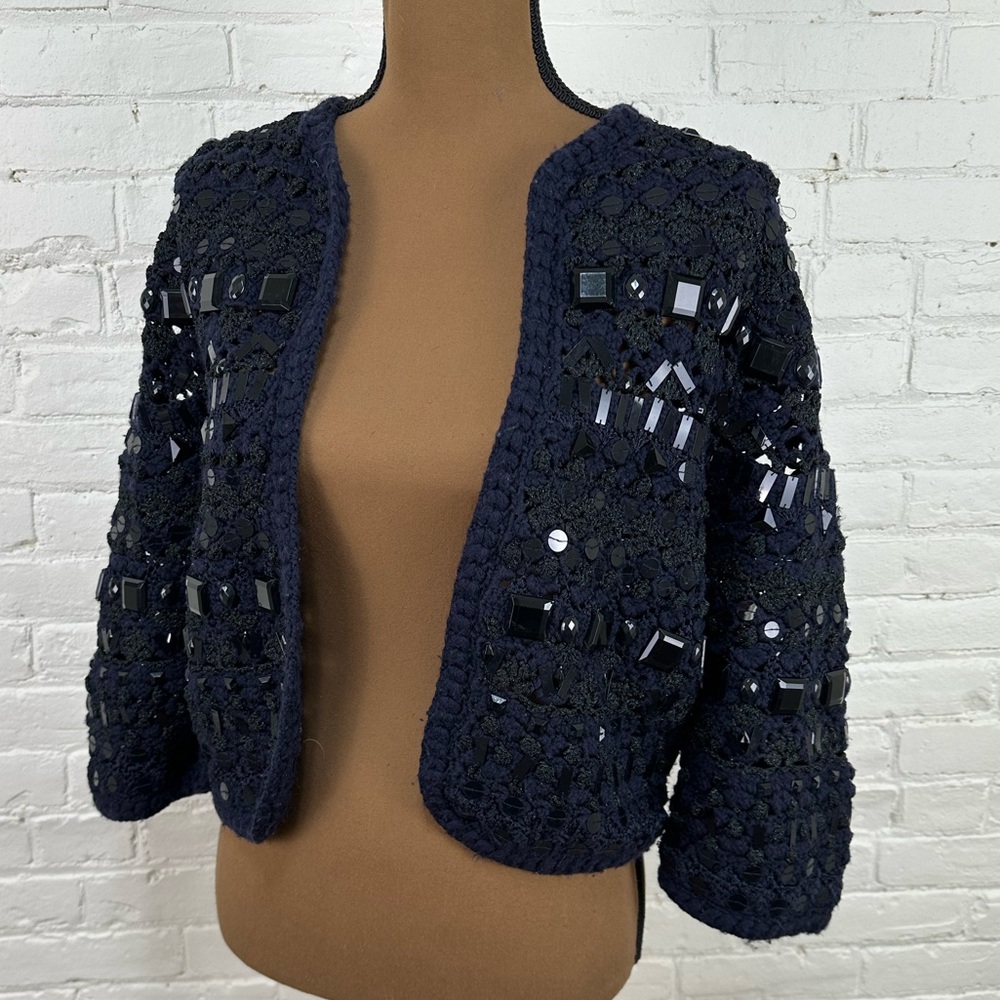 Worth Wool Petite Cardigan in Navy Blue and Black with Black Beaded Details SP
